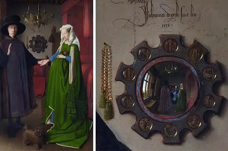 The Arnolfini Portrait's mirror reflecting hidden figures